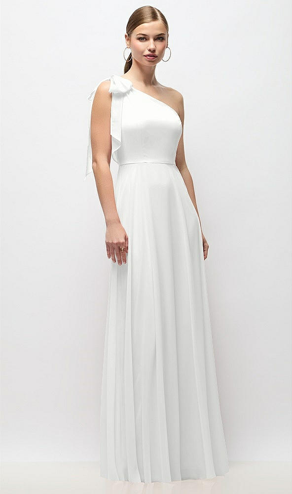 Front View - White Draped One-Shoulder Maxi Dress with Scarf Bow