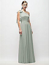 Front View Thumbnail - Willow Green Draped One-Shoulder Maxi Dress with Scarf Bow