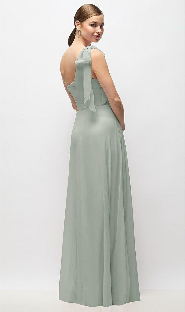 Back View - Willow Green Draped One-Shoulder Maxi Dress with Scarf Bow