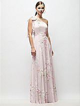 Front View Thumbnail - Watercolor Print Draped One-Shoulder Maxi Dress with Scarf Bow