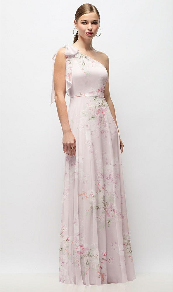 Front View - Watercolor Print Draped One-Shoulder Maxi Dress with Scarf Bow