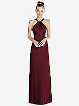 Front View Thumbnail - Cabernet Draped Twist Halter Low-Back Satin Empire Dress