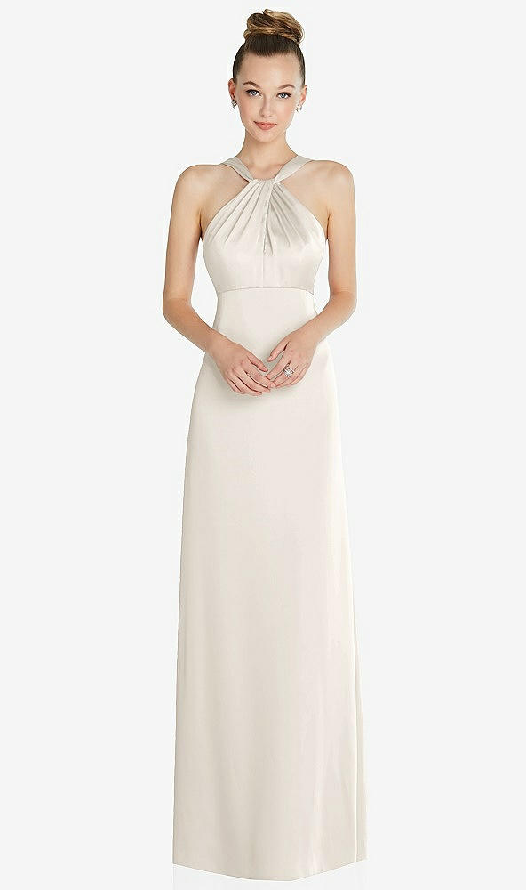 Front View - Ivory Draped Twist Halter Low-Back Satin Empire Dress