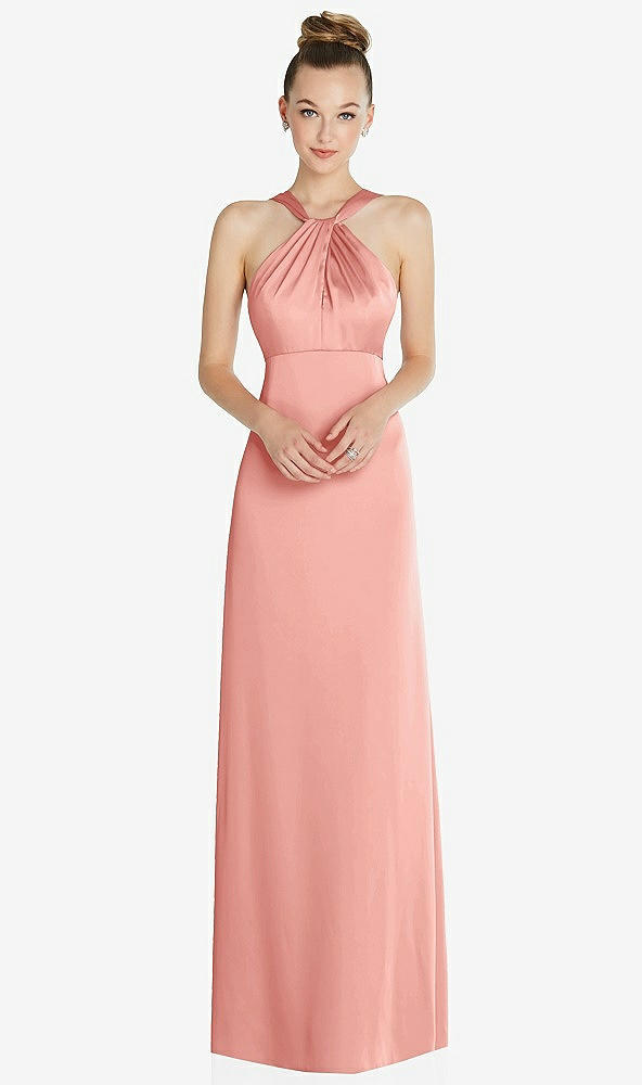 Front View - Rose Draped Twist Halter Low-Back Satin Empire Dress