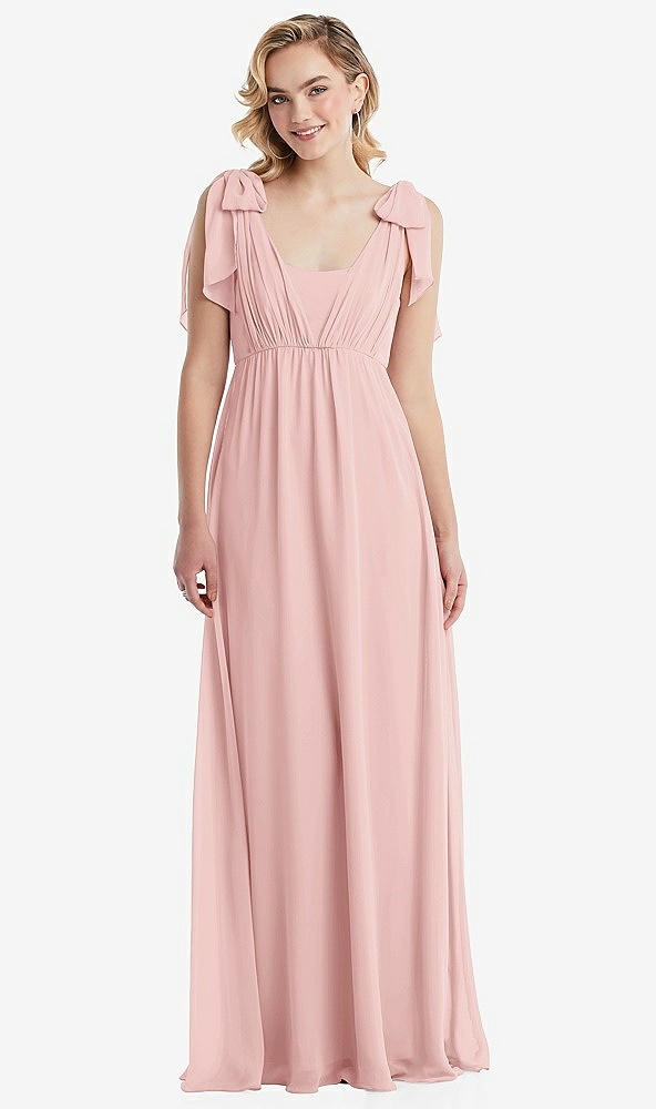 Front View - Rose Empire Waist Shirred Skirt Convertible Sash Tie Maxi Dress