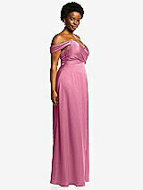 Side View Thumbnail - Orchid Pink Off-the-Shoulder Flounce Sleeve Empire Waist Gown with Front Slit
