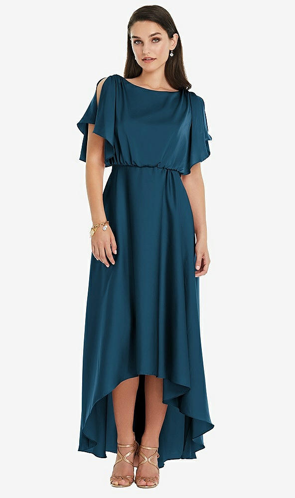 Front View - Atlantic Blue Blouson Bodice Deep V-Back High Low Dress with Flutter Sleeves