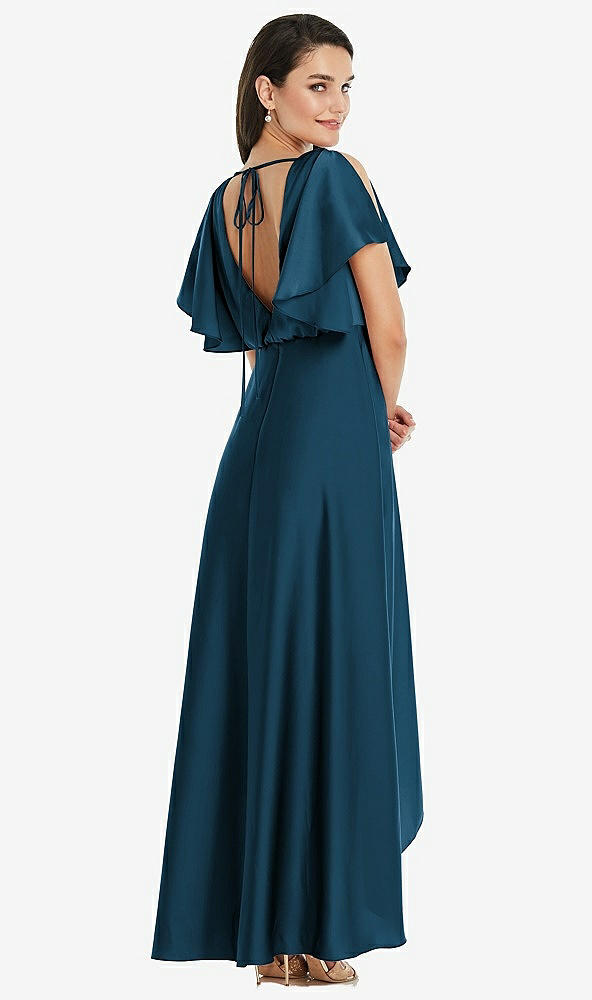 Back View - Atlantic Blue Blouson Bodice Deep V-Back High Low Dress with Flutter Sleeves