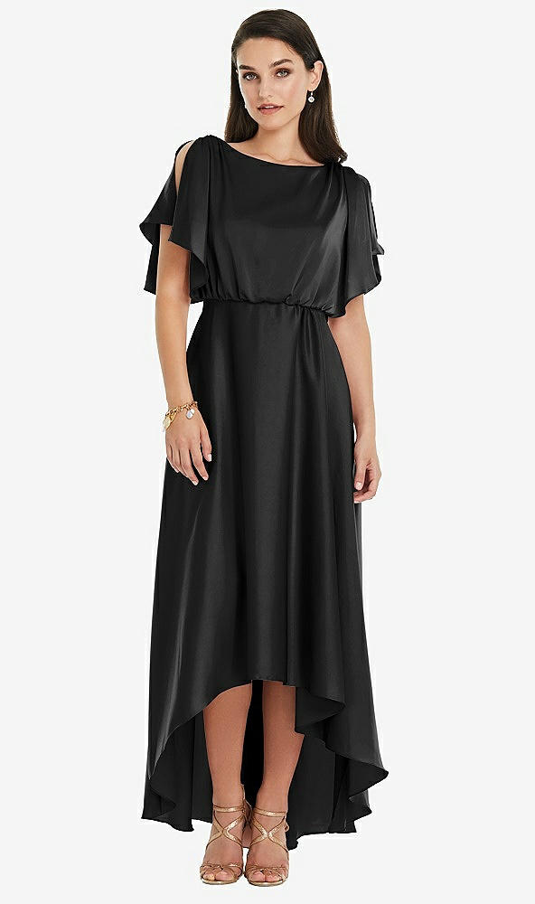 Front View - Black Blouson Bodice Deep V-Back High Low Dress with Flutter Sleeves