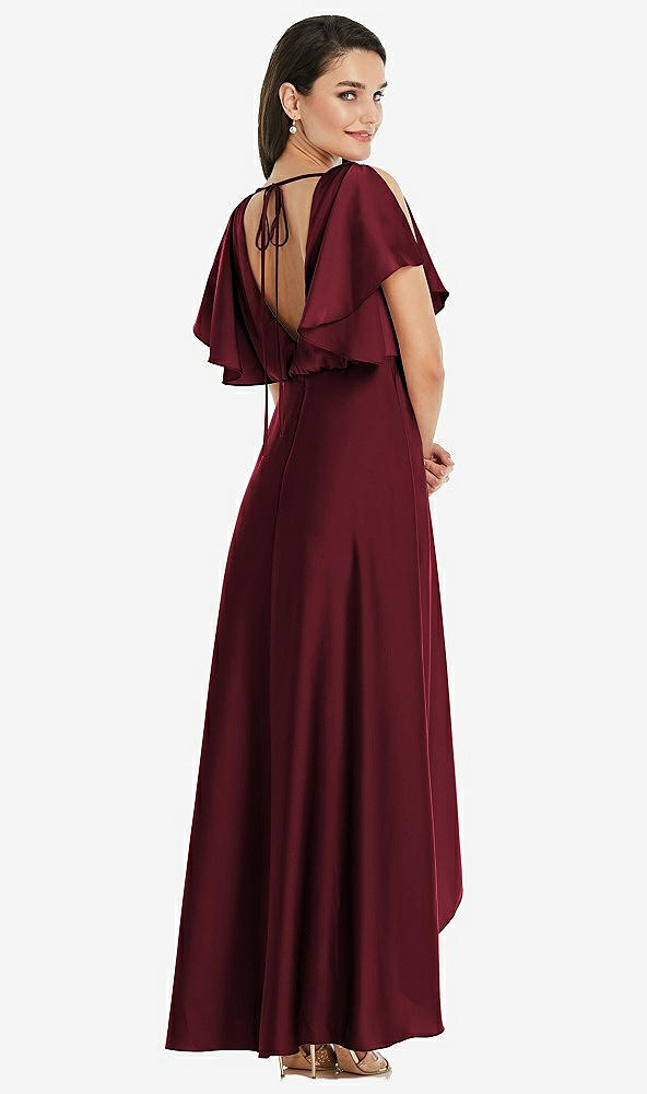 Back View - Cabernet Blouson Bodice Deep V-Back High Low Dress with Flutter Sleeves