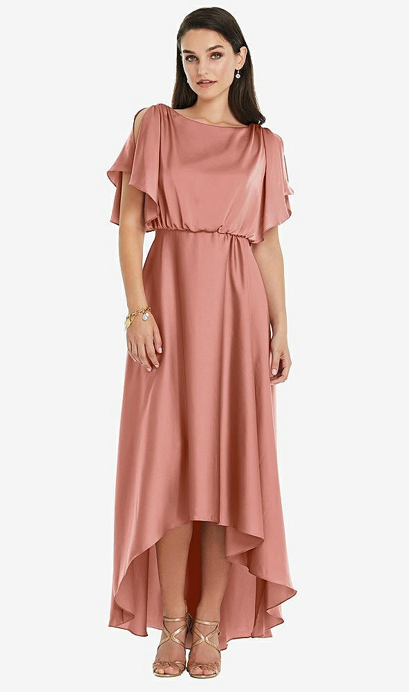 Front View - Desert Rose Blouson Bodice Deep V-Back High Low Dress with Flutter Sleeves