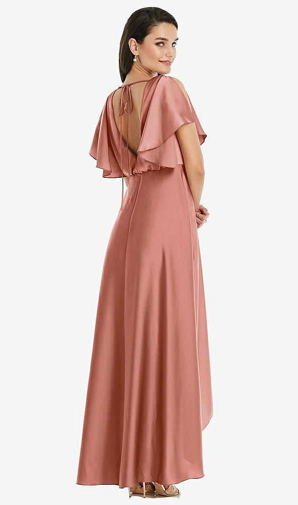 Back View - Desert Rose Blouson Bodice Deep V-Back High Low Dress with Flutter Sleeves