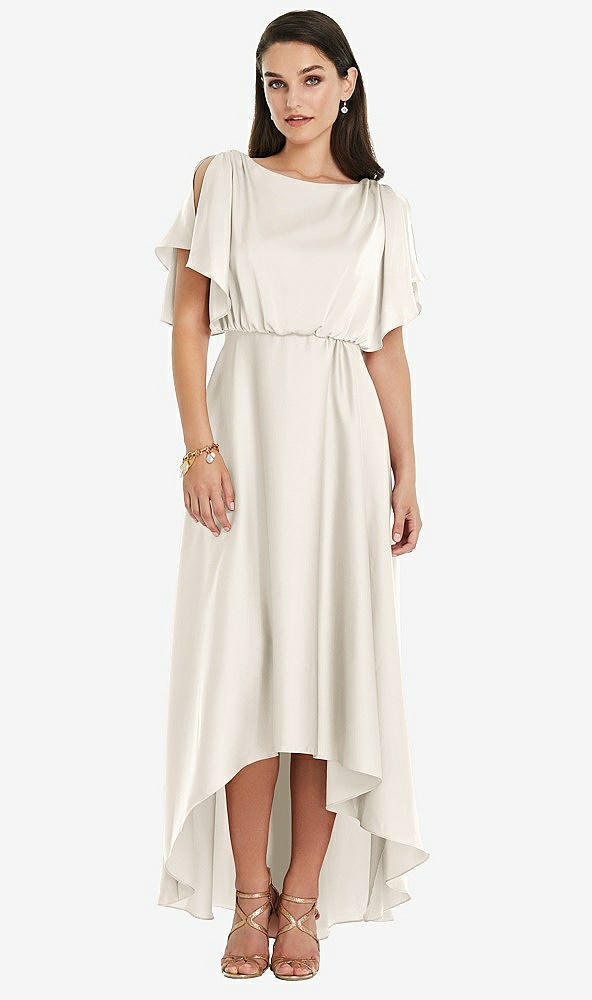 Front View - Ivory Blouson Bodice Deep V-Back High Low Dress with Flutter Sleeves