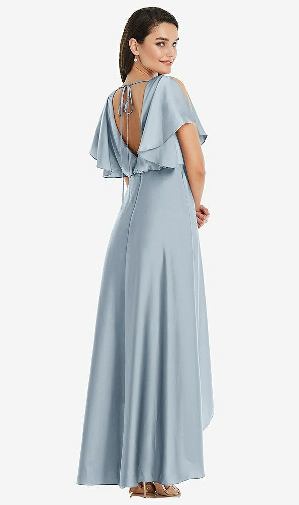 Back View - Mist Blouson Bodice Deep V-Back High Low Dress with Flutter Sleeves