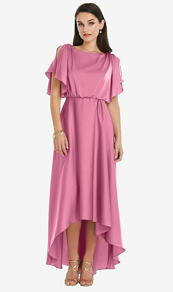 Front View - Orchid Pink Blouson Bodice Deep V-Back High Low Dress with Flutter Sleeves