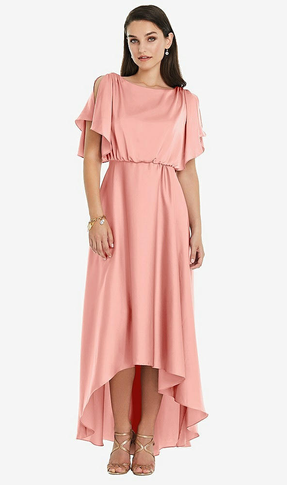 Front View - Rose Blouson Bodice Deep V-Back High Low Dress with Flutter Sleeves