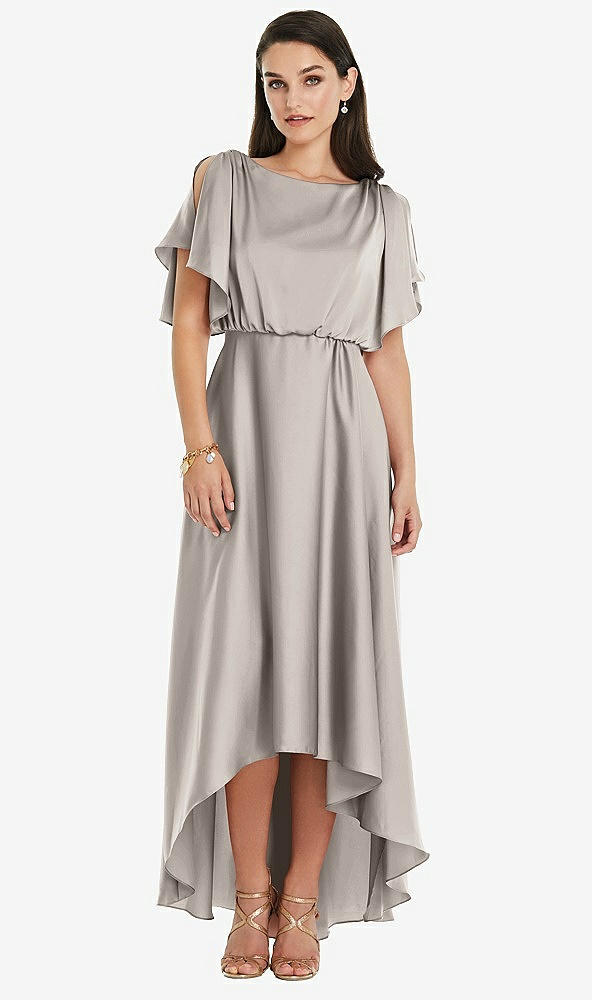 Front View - Taupe Blouson Bodice Deep V-Back High Low Dress with Flutter Sleeves