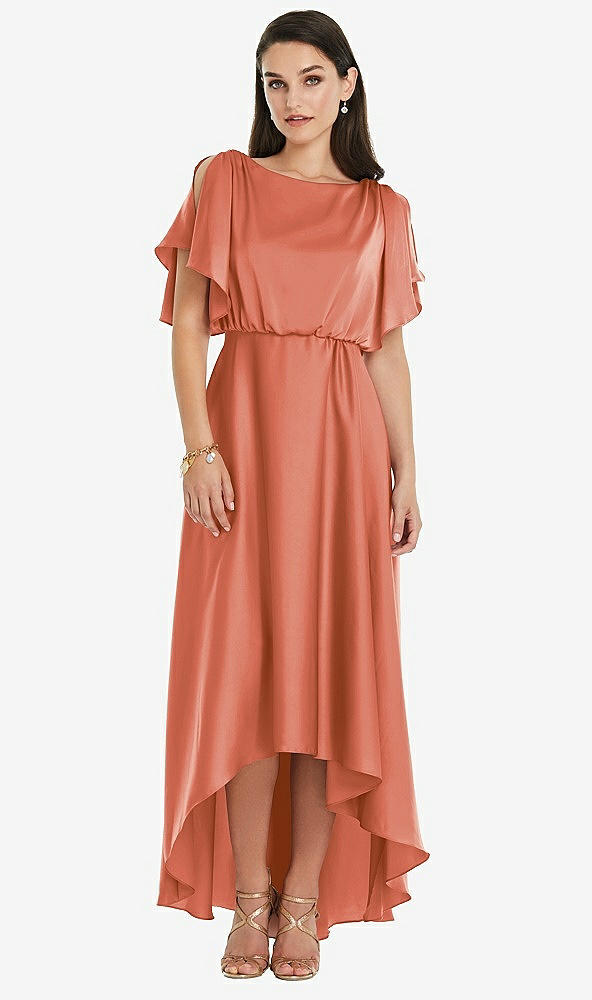 Front View - Terracotta Copper Blouson Bodice Deep V-Back High Low Dress with Flutter Sleeves