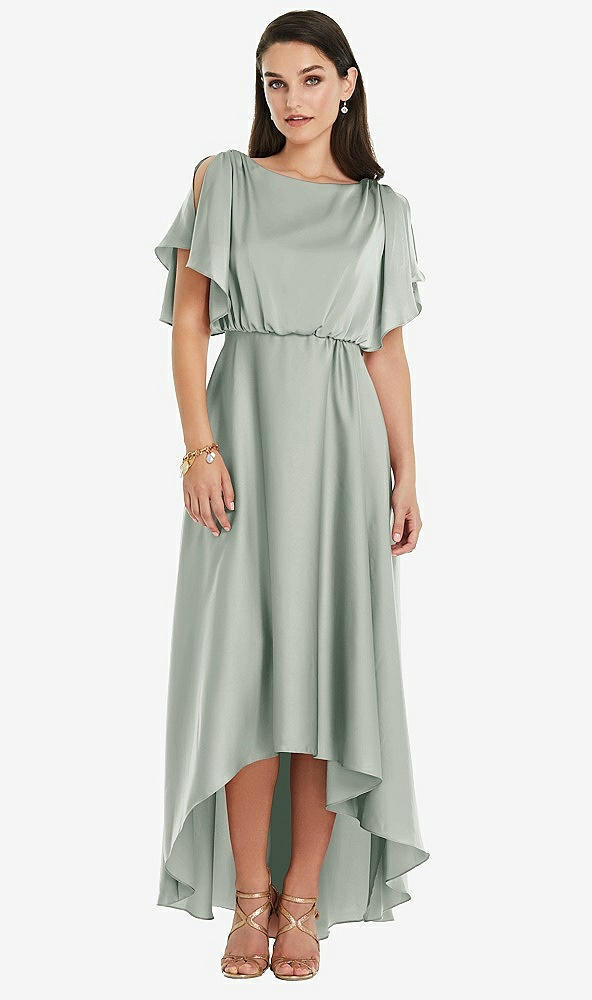 Front View - Willow Green Blouson Bodice Deep V-Back High Low Dress with Flutter Sleeves