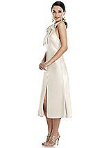 Side View Thumbnail - Ivory Scarf Tie Stand Collar Midi Bias Dress with Front Slit