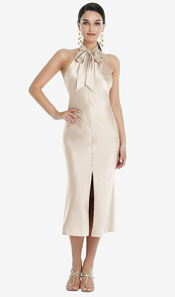 Front View - Oat Scarf Tie Stand Collar Midi Bias Dress with Front Slit