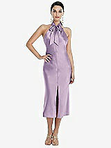 Front View Thumbnail - Pale Purple Scarf Tie Stand Collar Midi Bias Dress with Front Slit
