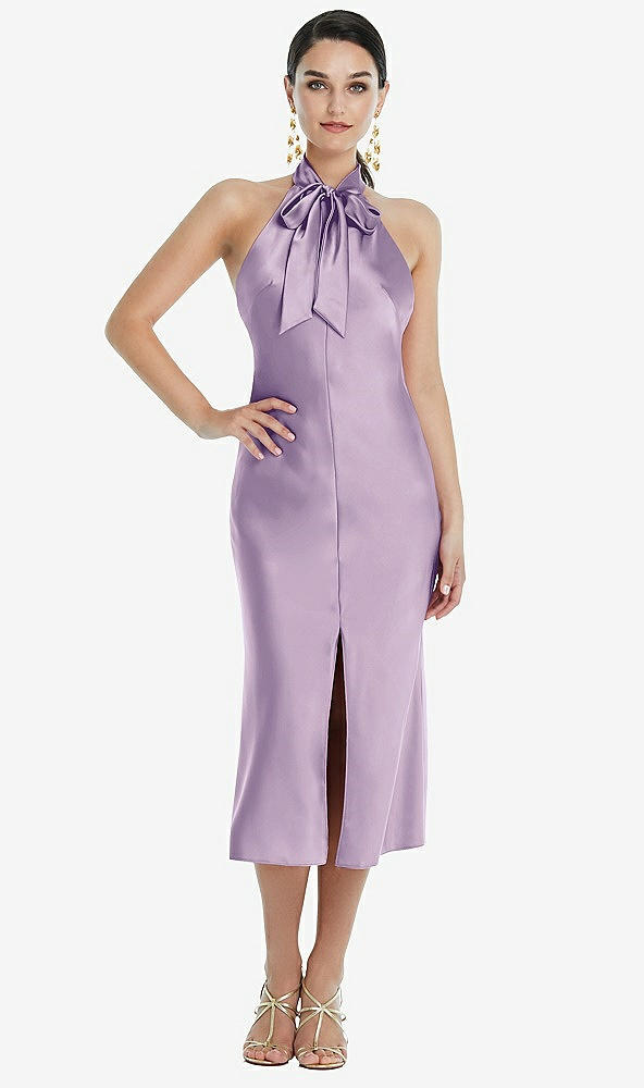 Front View - Pale Purple Scarf Tie Stand Collar Midi Bias Dress with Front Slit