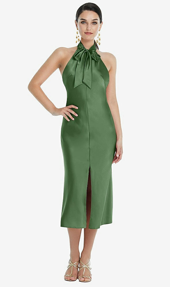 Front View - Vineyard Green Scarf Tie Stand Collar Midi Bias Dress with Front Slit