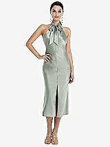 Front View Thumbnail - Willow Green Scarf Tie Stand Collar Midi Bias Dress with Front Slit