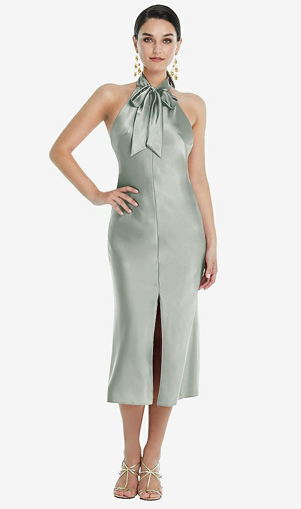 Front View - Willow Green Scarf Tie Stand Collar Midi Bias Dress with Front Slit
