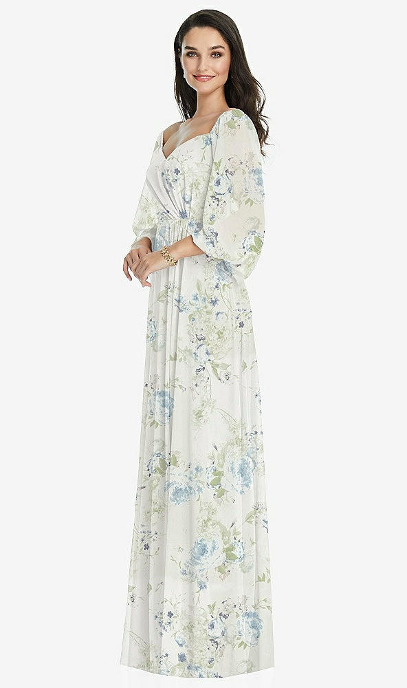 Front View - Bleu Garden Off-the-Shoulder Puff Sleeve Maxi Dress with Front Slit