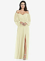 Side View Thumbnail - Butter Yellow Off-the-Shoulder Puff Sleeve Maxi Dress with Front Slit