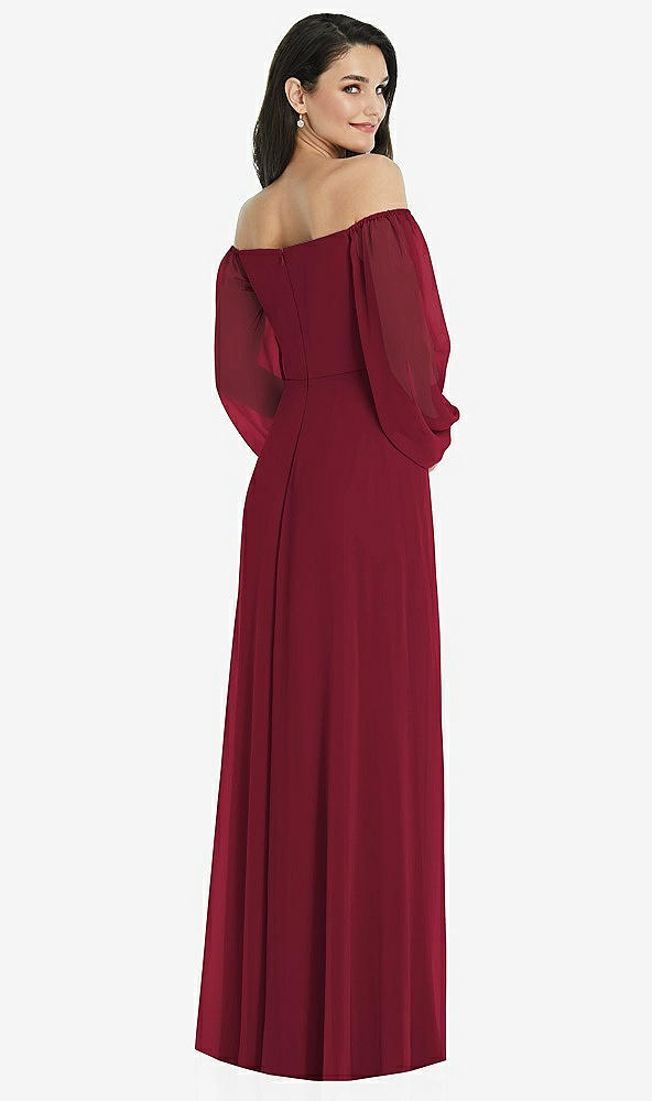Back View - Burgundy Off-the-Shoulder Puff Sleeve Maxi Dress with Front Slit