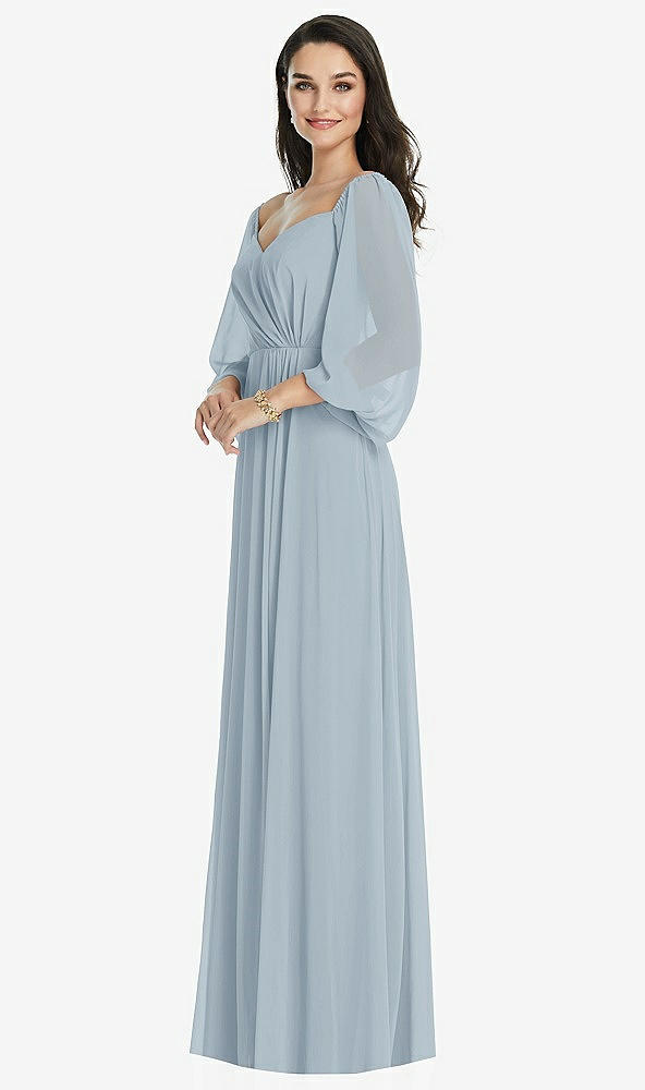Front View - Mist Off-the-Shoulder Puff Sleeve Maxi Dress with Front Slit