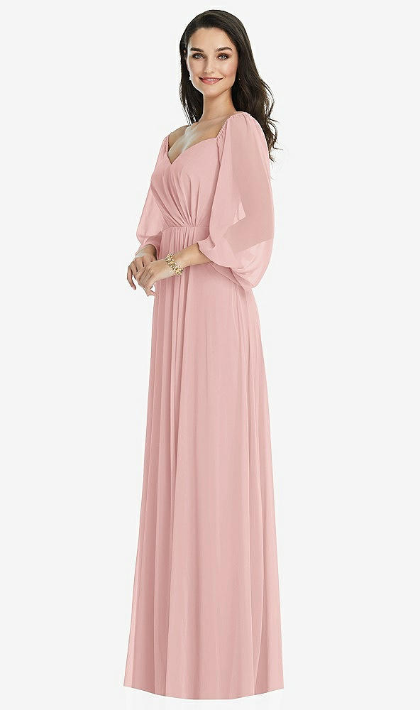 Front View - Rose Off-the-Shoulder Puff Sleeve Maxi Dress with Front Slit