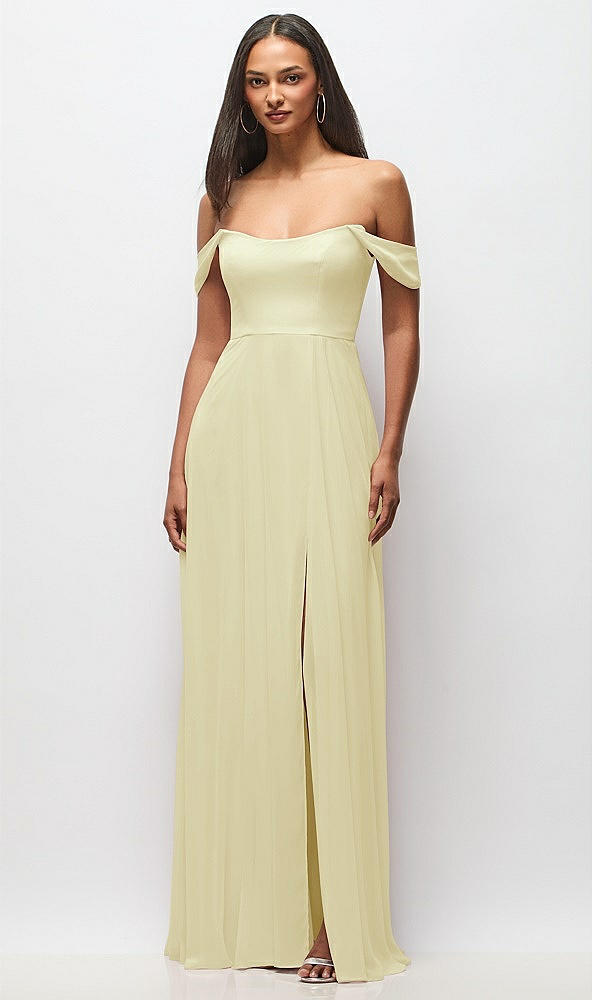 Front View - Butter Yellow Off-the-Shoulder Basque Neck Maxi Dress with Flounce Sleeves