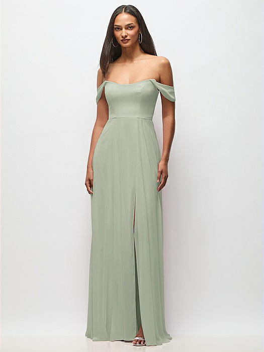 Off-the-Shoulder Basque Neck Maxi Dress with Flounce Sleeves