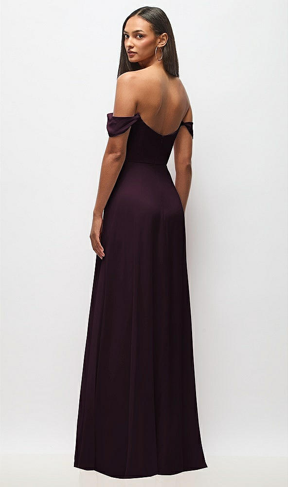 Back View - Deep Plum Off-the-Shoulder Basque Neck Maxi Dress with Flounce Sleeves