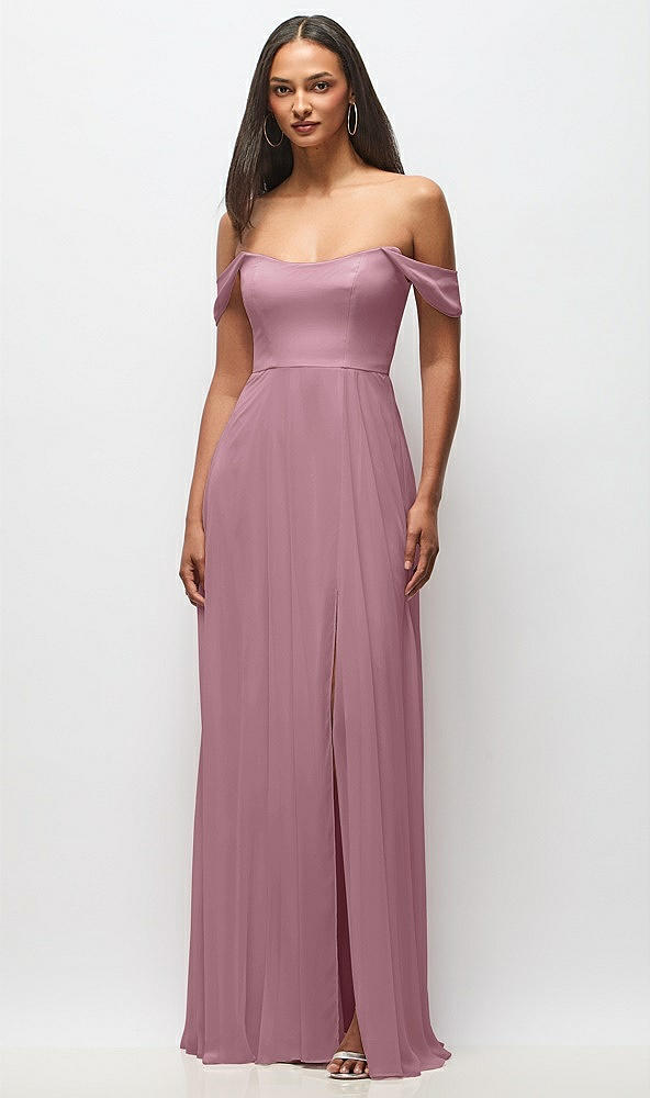 Front View - Dusty Pink Off-the-Shoulder Basque Neck Maxi Dress with Flounce Sleeves