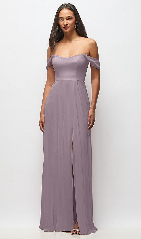 Front View - Lilac Dusk Off-the-Shoulder Basque Neck Maxi Dress with Flounce Sleeves