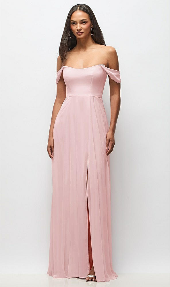 Front View - Ballet Pink Off-the-Shoulder Basque Neck Maxi Dress with Flounce Sleeves