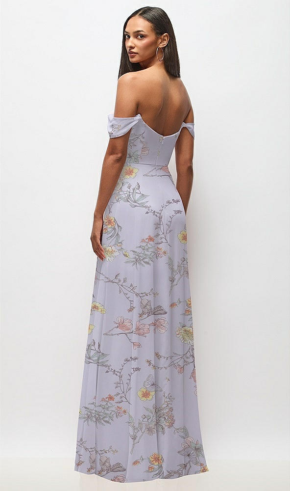 Back View - Butterfly Botanica Silver Dove Off-the-Shoulder Basque Neck Maxi Dress with Flounce Sleeves