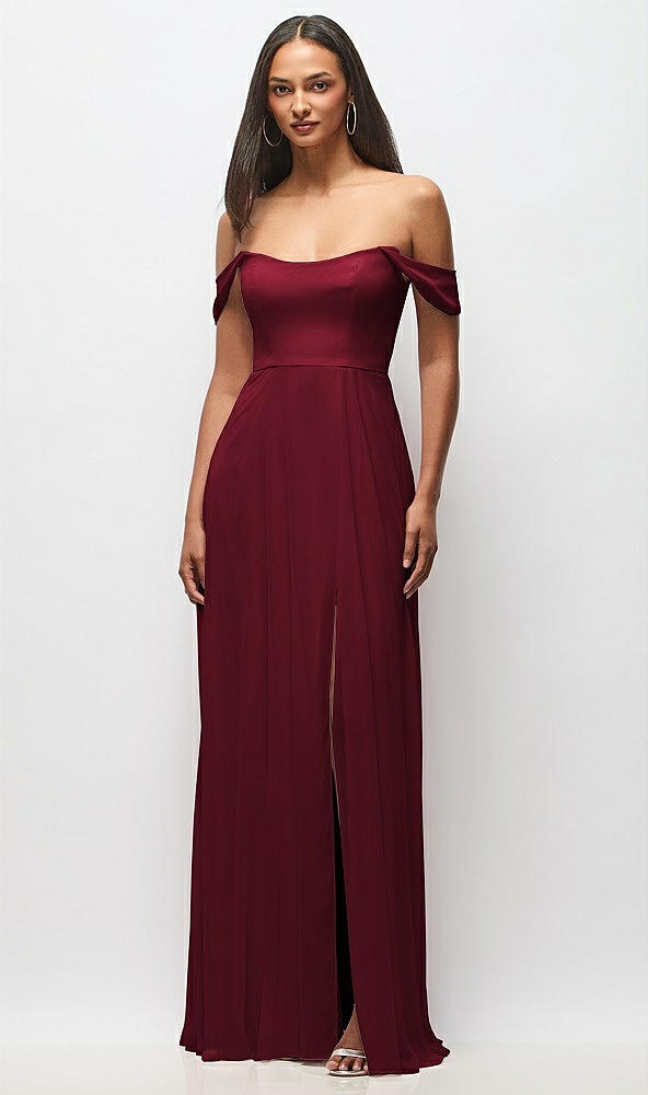 Front View - Burgundy Off-the-Shoulder Basque Neck Maxi Dress with Flounce Sleeves