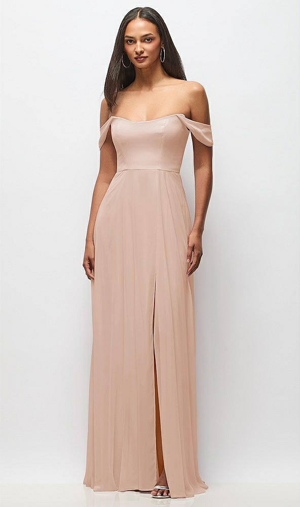 Front View - Cameo Off-the-Shoulder Basque Neck Maxi Dress with Flounce Sleeves