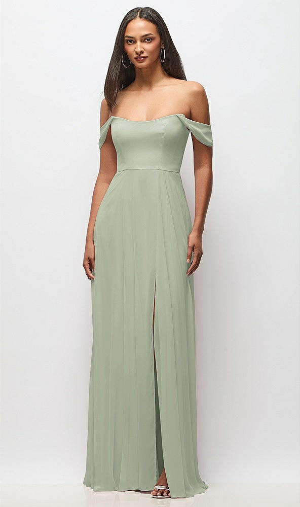 Front View - Celadon Off-the-Shoulder Basque Neck Maxi Dress with Flounce Sleeves