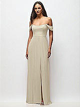 Front View Thumbnail - Champagne Off-the-Shoulder Basque Neck Maxi Dress with Flounce Sleeves