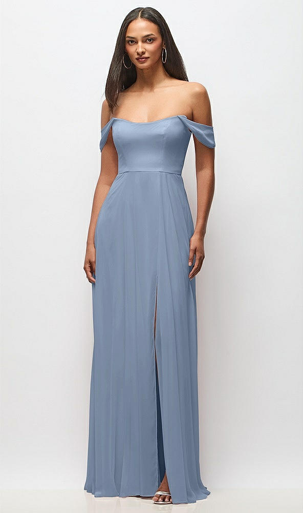 Front View - Cloudy Off-the-Shoulder Basque Neck Maxi Dress with Flounce Sleeves
