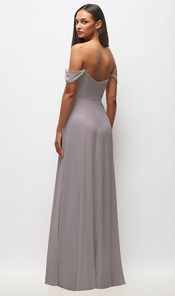 Back View - Cashmere Gray Off-the-Shoulder Basque Neck Maxi Dress with Flounce Sleeves
