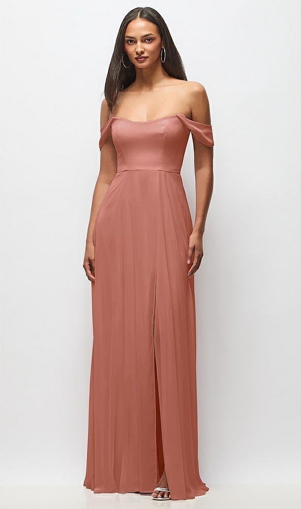 Front View - Desert Rose Off-the-Shoulder Basque Neck Maxi Dress with Flounce Sleeves