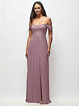 Front View Thumbnail - Dusty Rose Off-the-Shoulder Basque Neck Maxi Dress with Flounce Sleeves